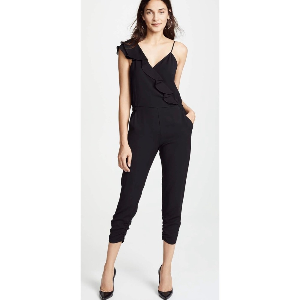 Parker Addison Black Asymmetrical Ruffle Jumpsuit Ruched Ankle Size 6